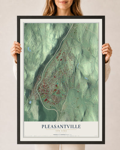 Pleasantville, New York map print, 24" x 36" W/ Black Ayous Wood Frame mockup