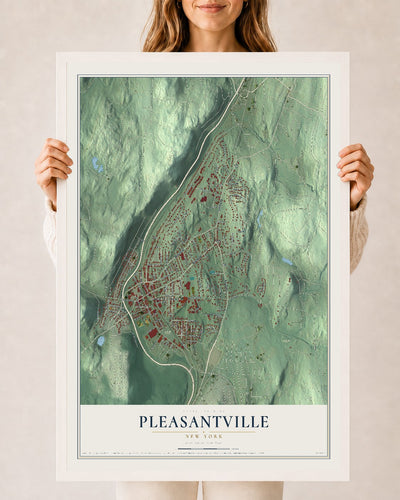 Pleasantville, New York map print, 24" x 36" W/ White Ayous Wood Frame mockup