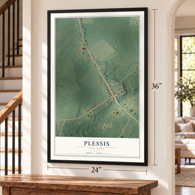 Plessis, New York map, 24 x 36 inch print in a black frame by a staircase