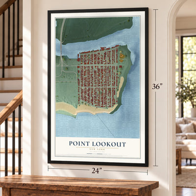 Point Lookout, New York map, 24 x 36 inch print in a black frame by a staircase