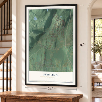 Pomona, New York map, 24 x 36 inch print in a black frame by a staircase