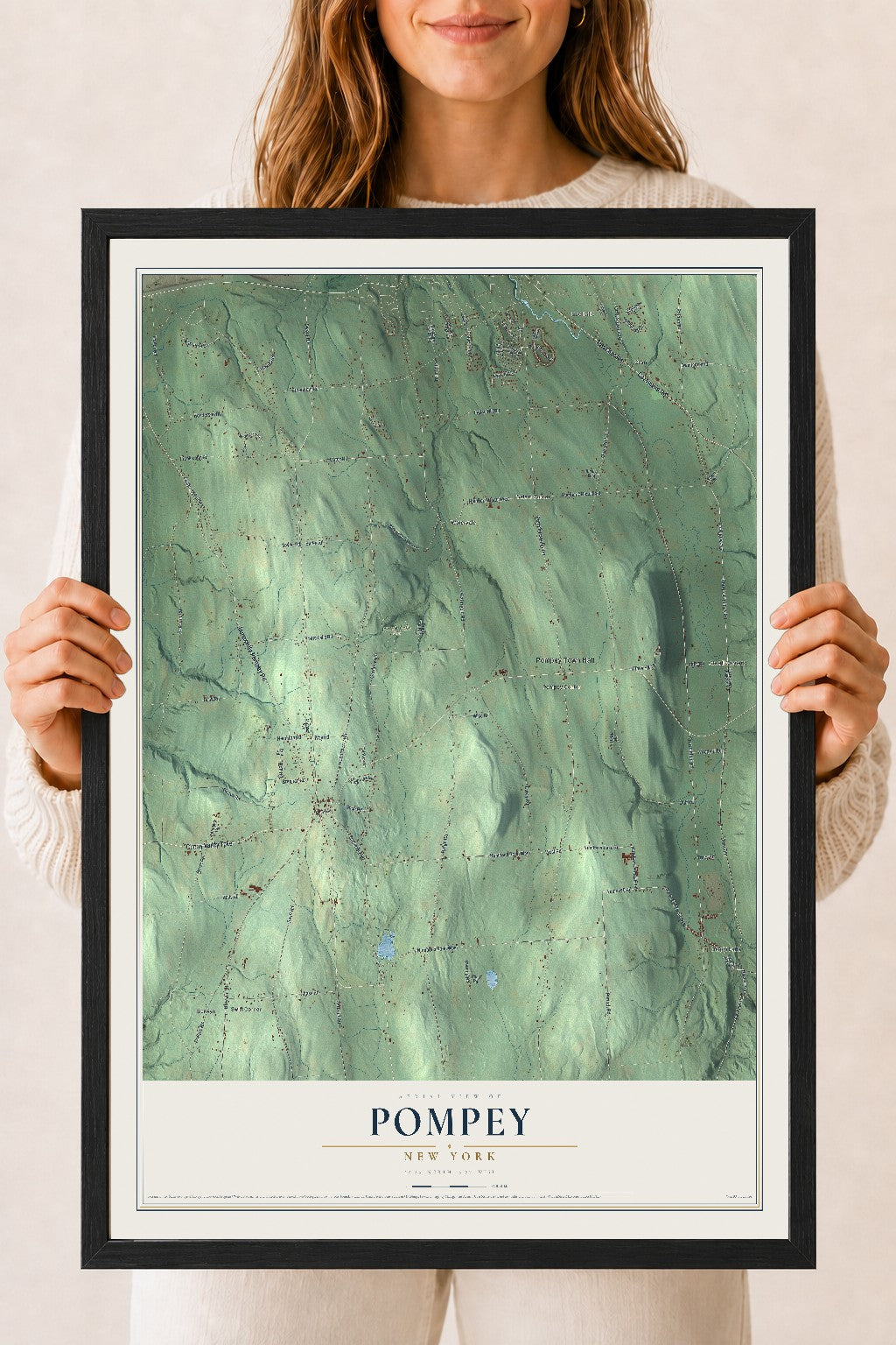 Pompey, New York map print, 18" x 24" W/ Black Ayous Wood Frame mockup