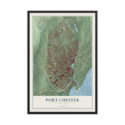 Map of Port Chester, New York, 12 x 18 inch print in a black wood frame