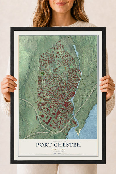 Port Chester, New York map print, 18" x 24" W/ Black Ayous Wood Frame mockup