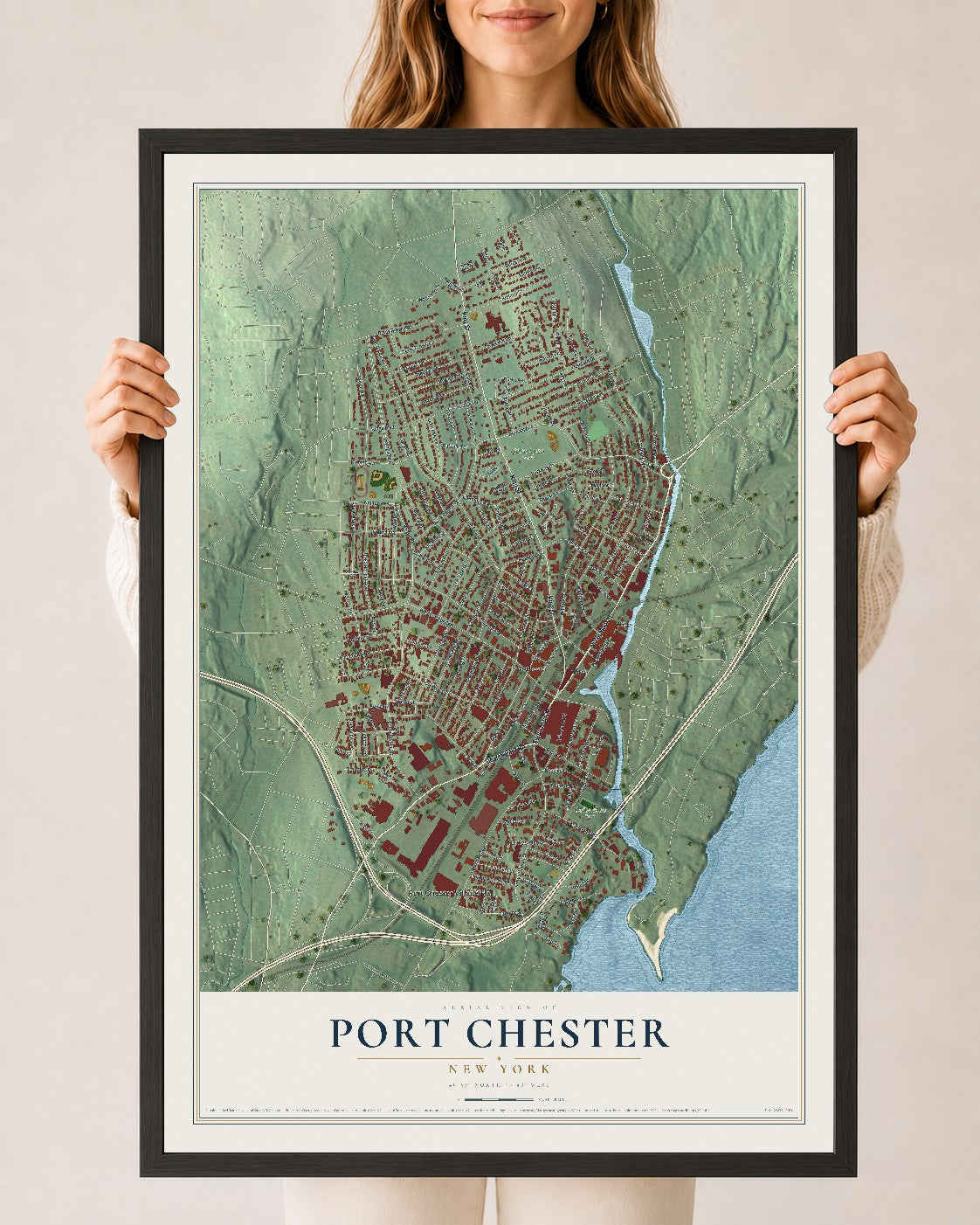 Port Chester, New York map print, 24" x 36" W/ Black Ayous Wood Frame mockup