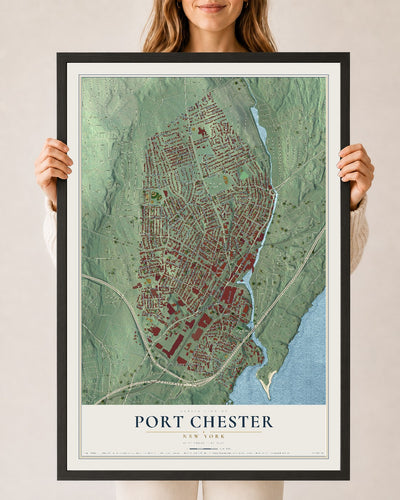 Port Chester, New York map print, 24" x 36" W/ Black Ayous Wood Frame mockup