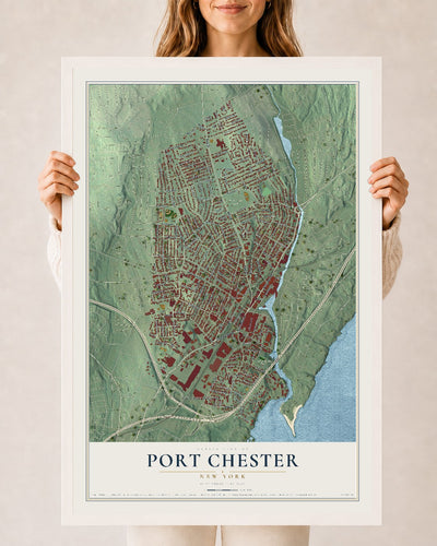 Port Chester, New York map print, 24" x 36" W/ White Ayous Wood Frame mockup