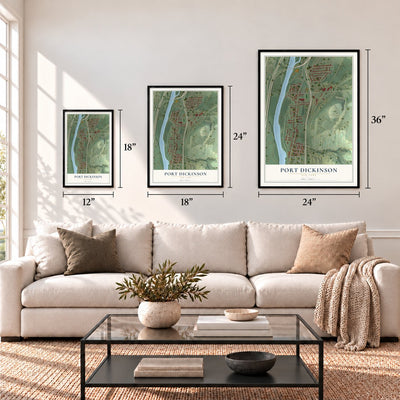 Port Dickinson, New York map in 12 x 18, 18 x 24 and 24 x 36 inch sizes above a sofa