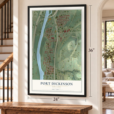 Port Dickinson, New York map, 24 x 36 inch print in a black frame by a staircase