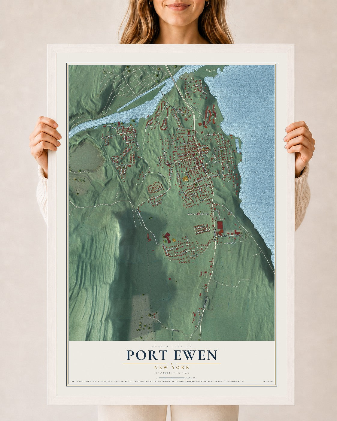 Port Ewen, New York map print, 24" x 36" W/ White Ayous Wood Frame mockup
