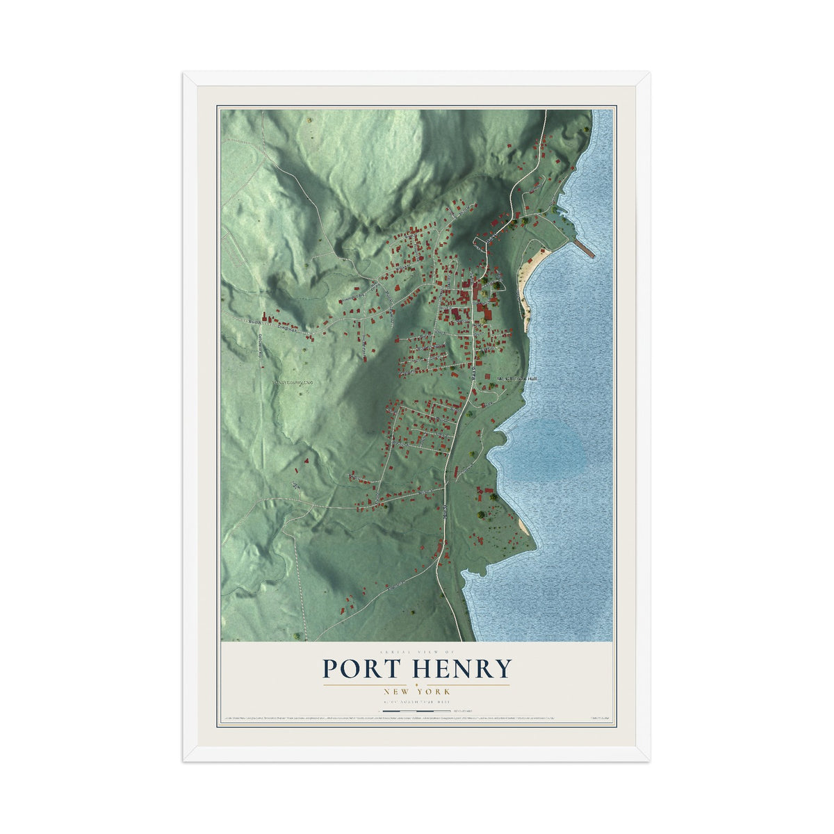 Port Henry, New York map print, 12" x 18" W/ White Ayous Wood Frame mockup