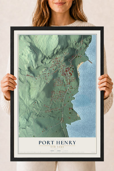 Port Henry, New York map print, 18" x 24" W/ Black Ayous Wood Frame mockup