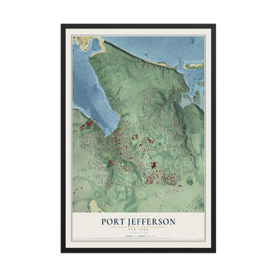 Port Jefferson, New York map print, 12" x 18" W/ Black Ayous Wood Frame mockup