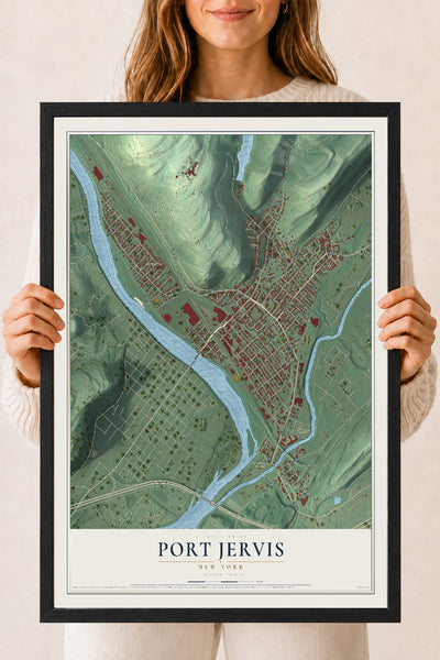 Map of Port Jervis, New York, 18 x 24 inch print in a black wood frame