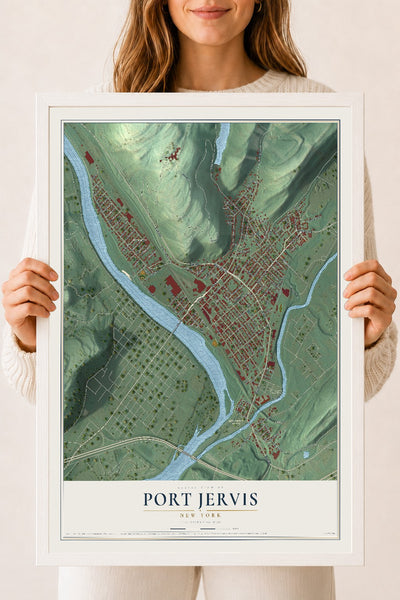 Map of Port Jervis, New York, 18 x 24 inch print in a white wood frame
