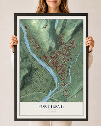 Map of Port Jervis, New York, 24 x 36 inch print in a black wood frame
