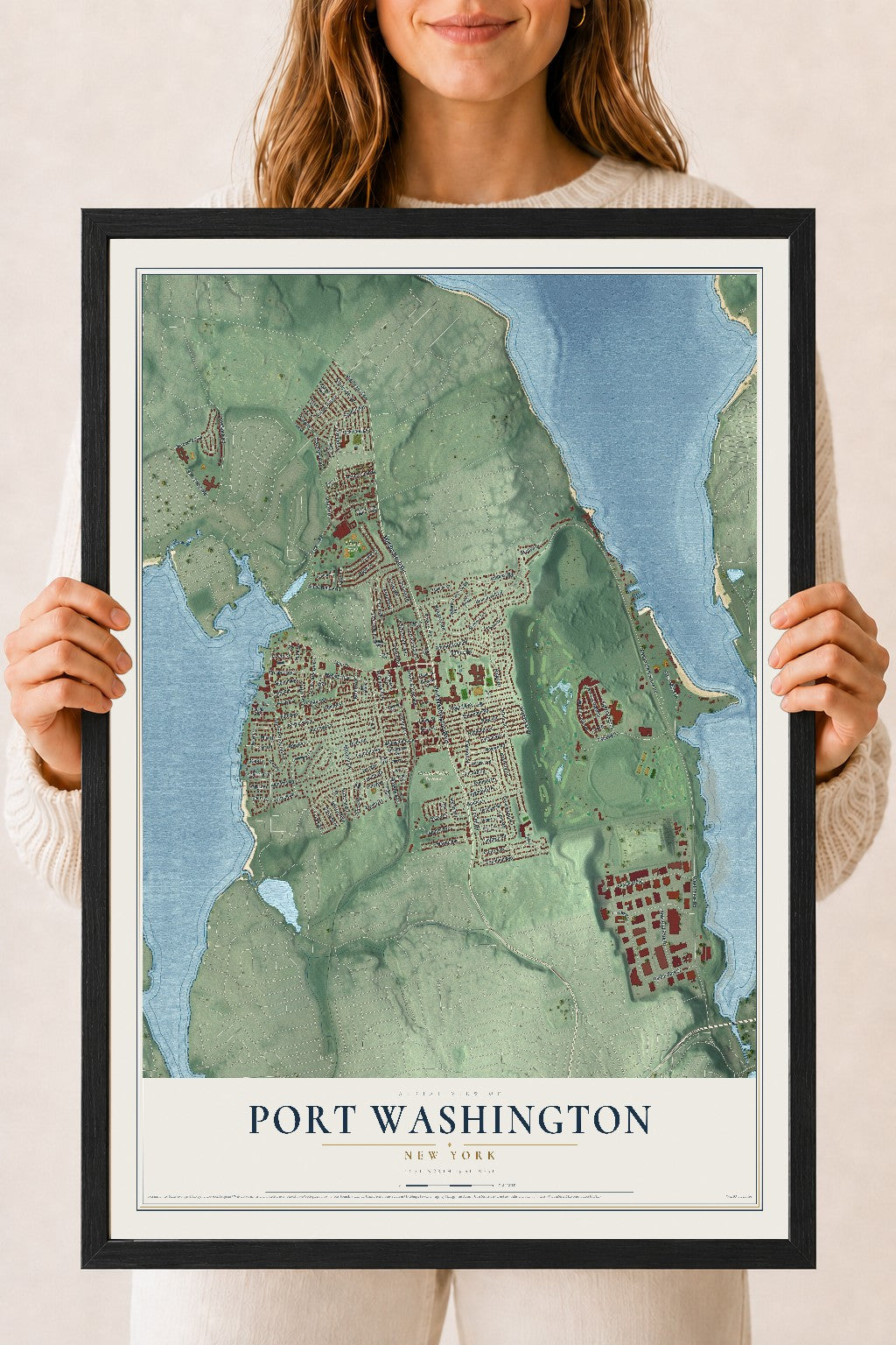 Port Washington, New York map print, 18" x 24" W/ Black Ayous Wood Frame mockup