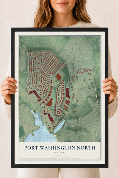 Port Washington North, New York map print, 18" x 24" W/ Black Ayous Wood Frame mockup