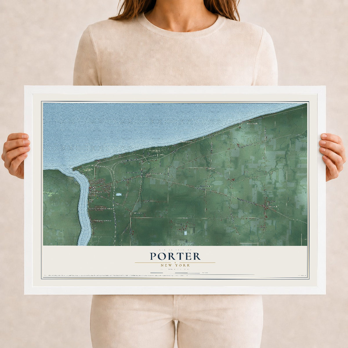 Porter, New York map print, 12" x 18" W/ White Ayous Wood Frame mockup