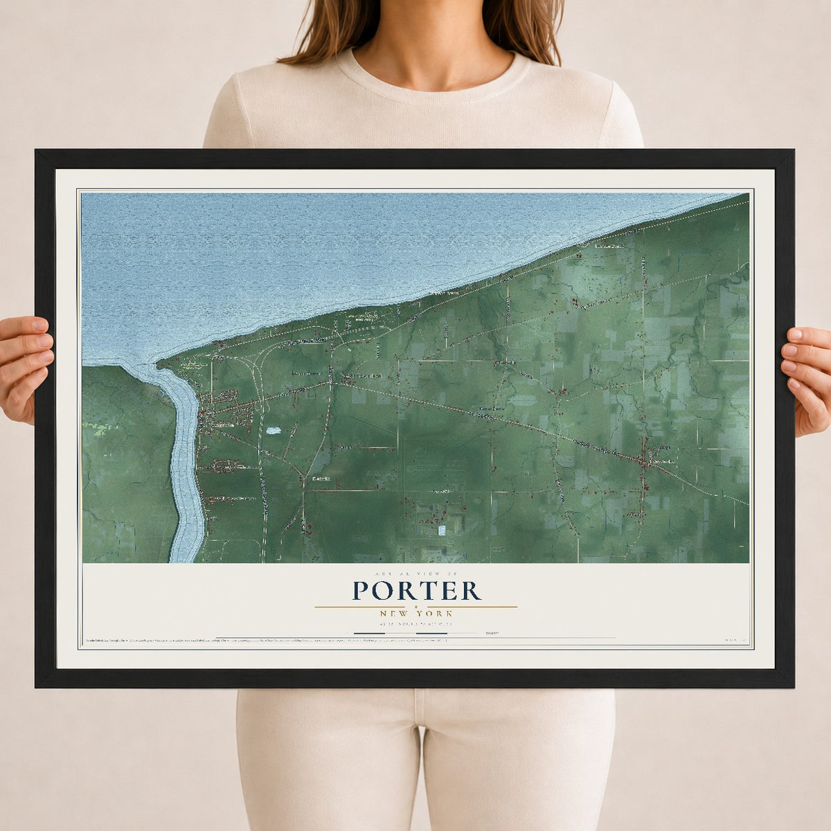 Porter, New York map print, 18" x 24" W/ Black Ayous Wood Frame mockup
