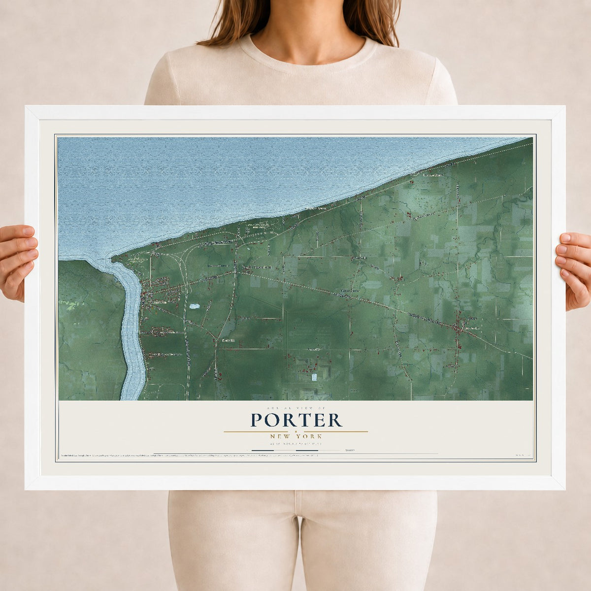 Porter, New York map print, 18" x 24" W/ White Ayous Wood Frame mockup
