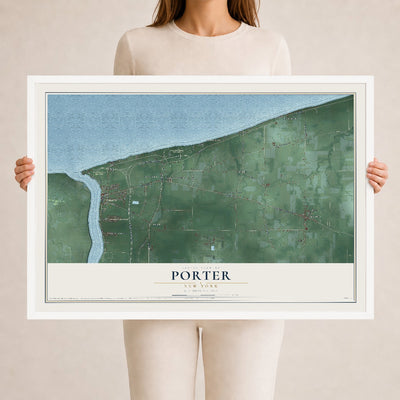 Porter, New York map print, 24" x 36" W/ White Ayous Wood Frame mockup