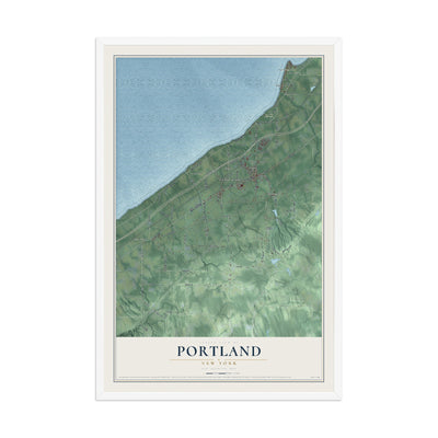 Portland, New York map print, 12" x 18" W/ White Ayous Wood Frame mockup