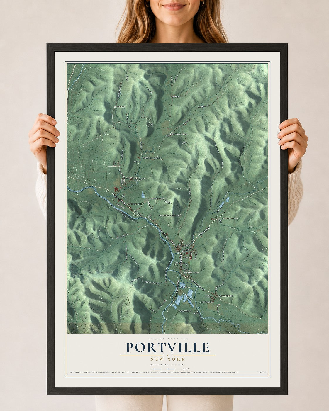 Portville, New York map print, 24" x 36" W/ Black Ayous Wood Frame mockup