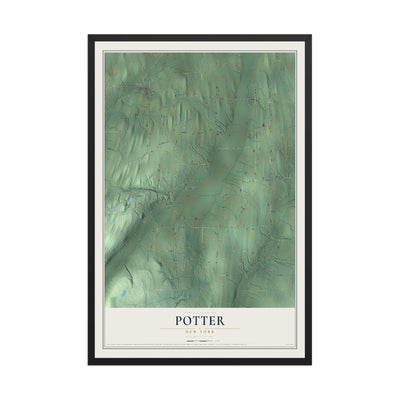 Potter, New York map print, 12" x 18" W/ Black Ayous Wood Frame mockup