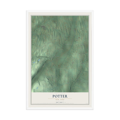 Potter, New York map print, 12" x 18" W/ White Ayous Wood Frame mockup