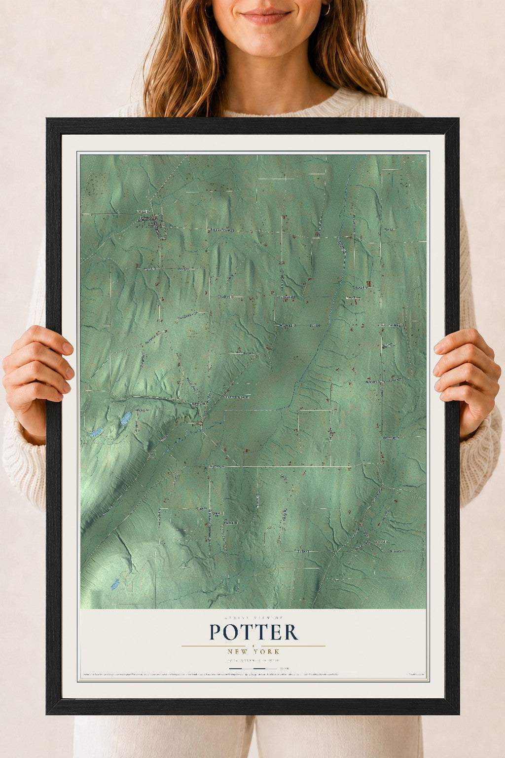 Potter, New York map print, 18" x 24" W/ Black Ayous Wood Frame mockup