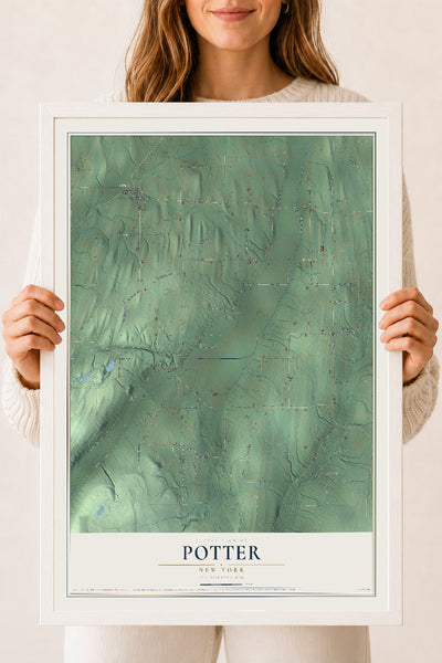 Potter, New York map print, 18" x 24" W/ White Ayous Wood Frame mockup