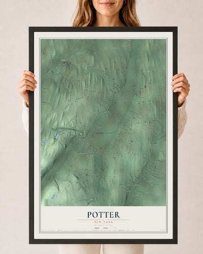 Potter, New York map print, 24" x 36" W/ Black Ayous Wood Frame mockup