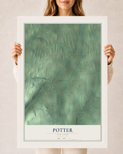 Potter, New York map print, 24" x 36" W/ White Ayous Wood Frame mockup