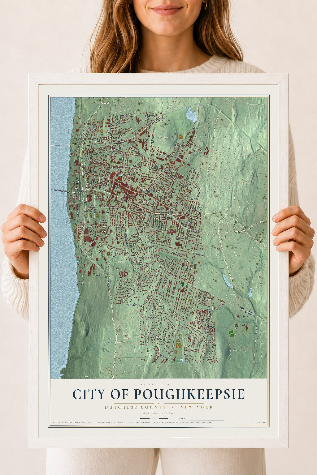 Poughkeepsie, New York map print, 18" x 24" W/ White Ayous Wood Frame mockup