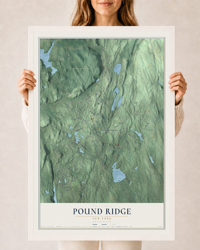 Pound Ridge, New York map print, 24" x 36" W/ White Ayous Wood Frame mockup