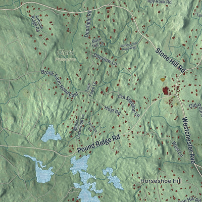 Close-up of the map of Pound Ridge, New York print showing street and building detail