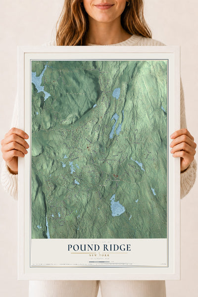 Map of Pound Ridge, New York, 18 x 24 inch print in a white wood frame