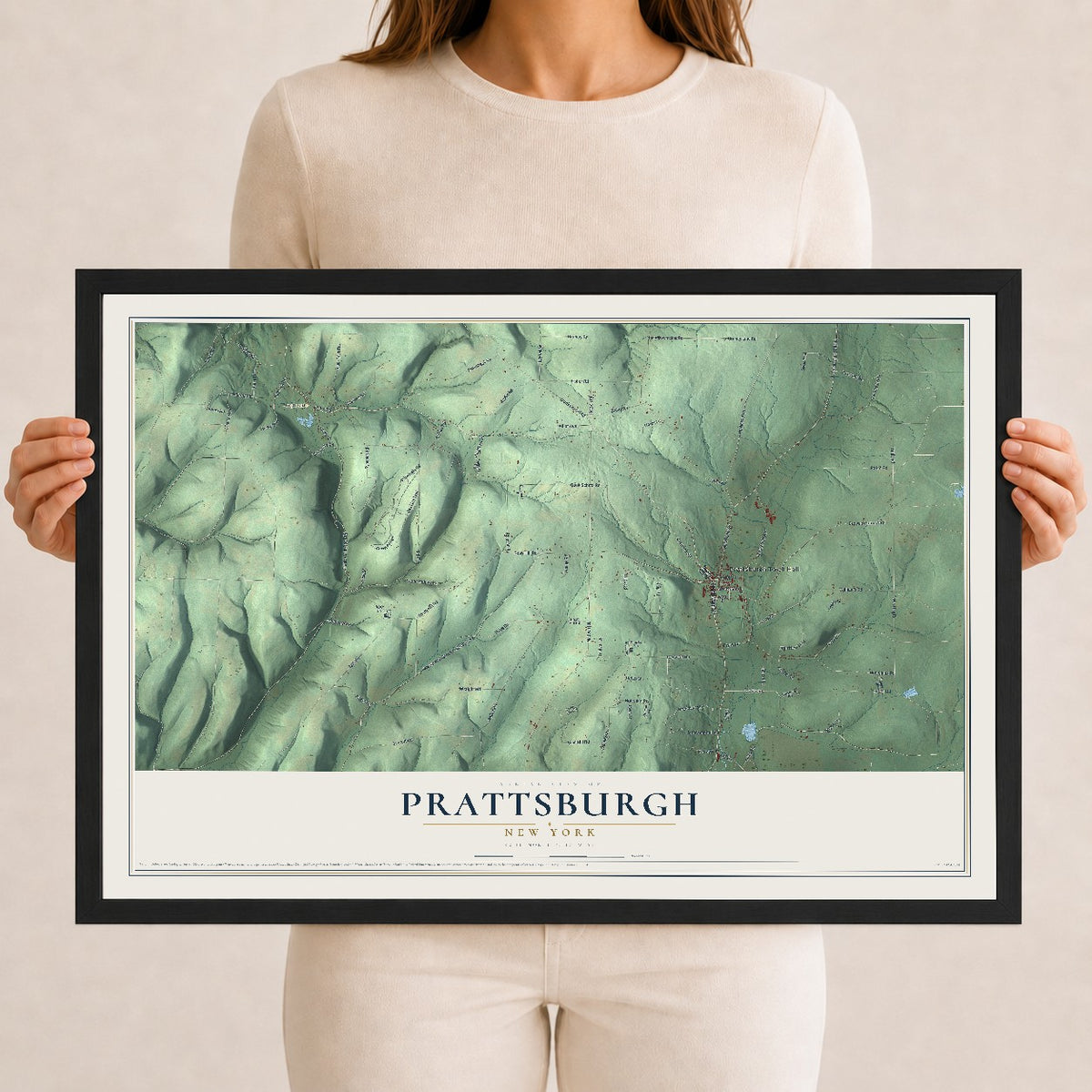 Prattsburgh, New York map print, 12" x 18" W/ Black Ayous Wood Frame mockup