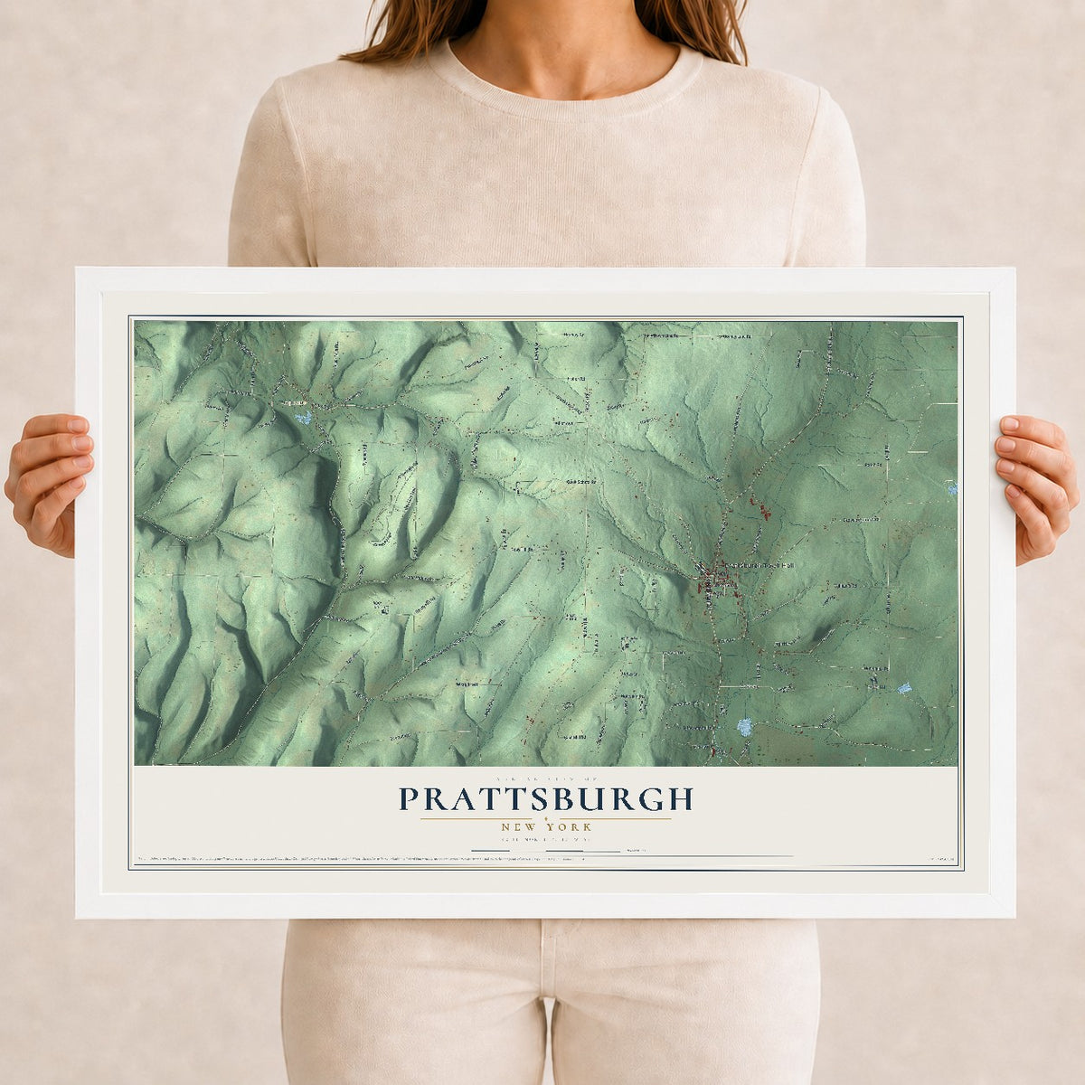 Prattsburgh, New York map print, 12" x 18" W/ White Ayous Wood Frame mockup