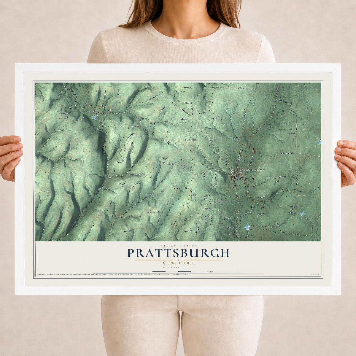 Prattsburgh, New York map print, 18" x 24" W/ White Ayous Wood Frame mockup