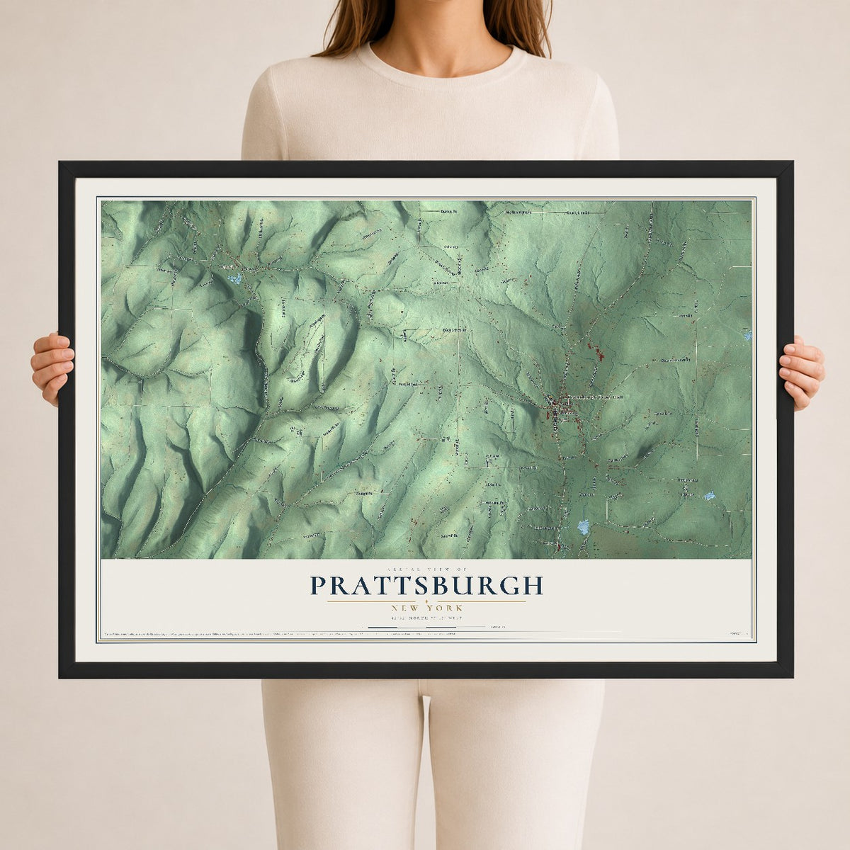 Prattsburgh, New York map print, 24" x 36" W/ Black Ayous Wood Frame mockup