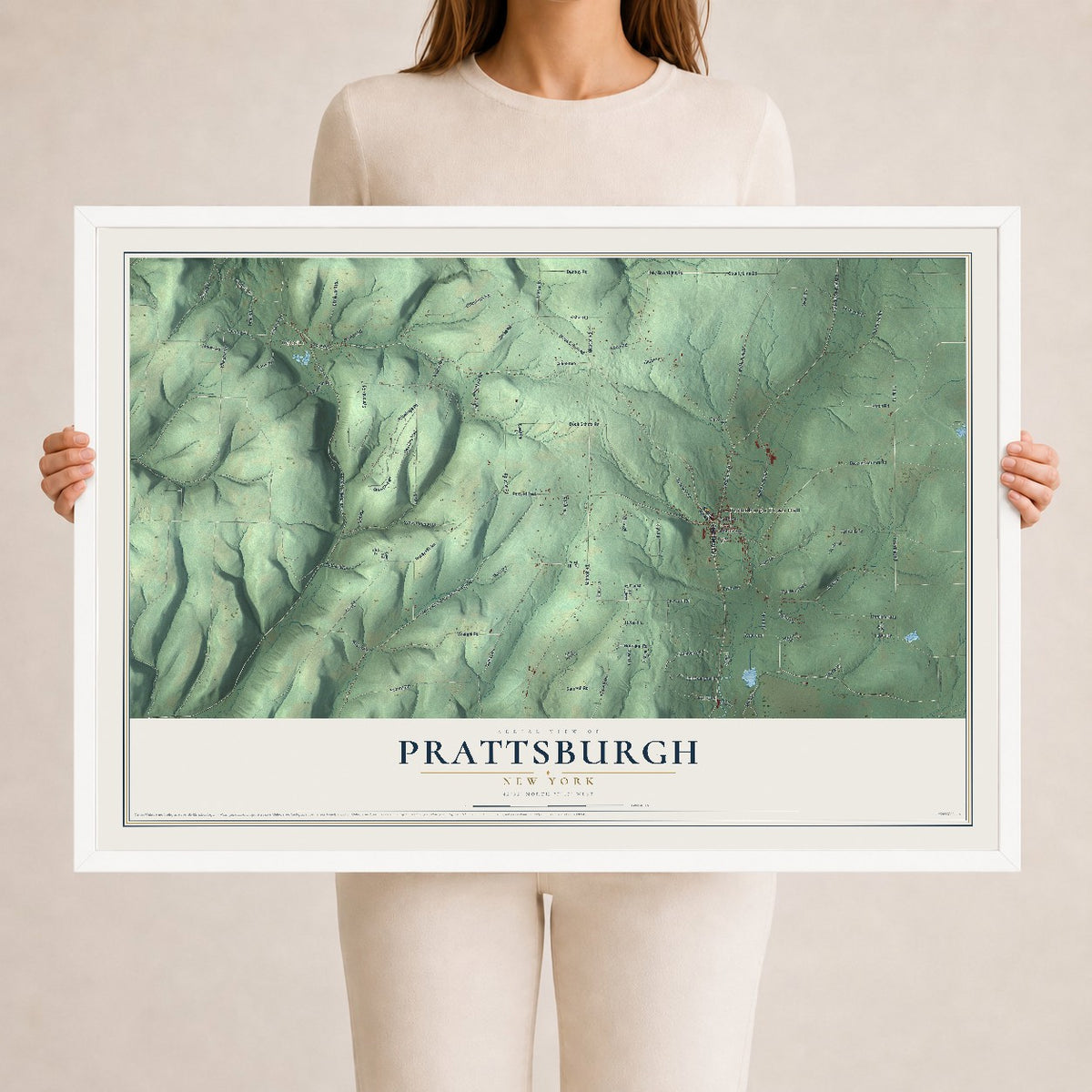Prattsburgh, New York map print, 24" x 36" W/ White Ayous Wood Frame mockup