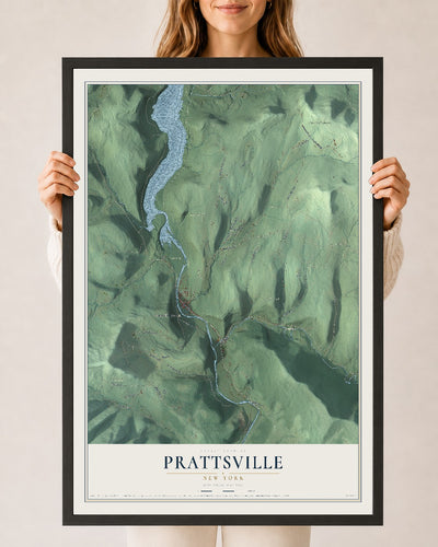 Prattsville, New York map print, 24" x 36" W/ Black Ayous Wood Frame mockup
