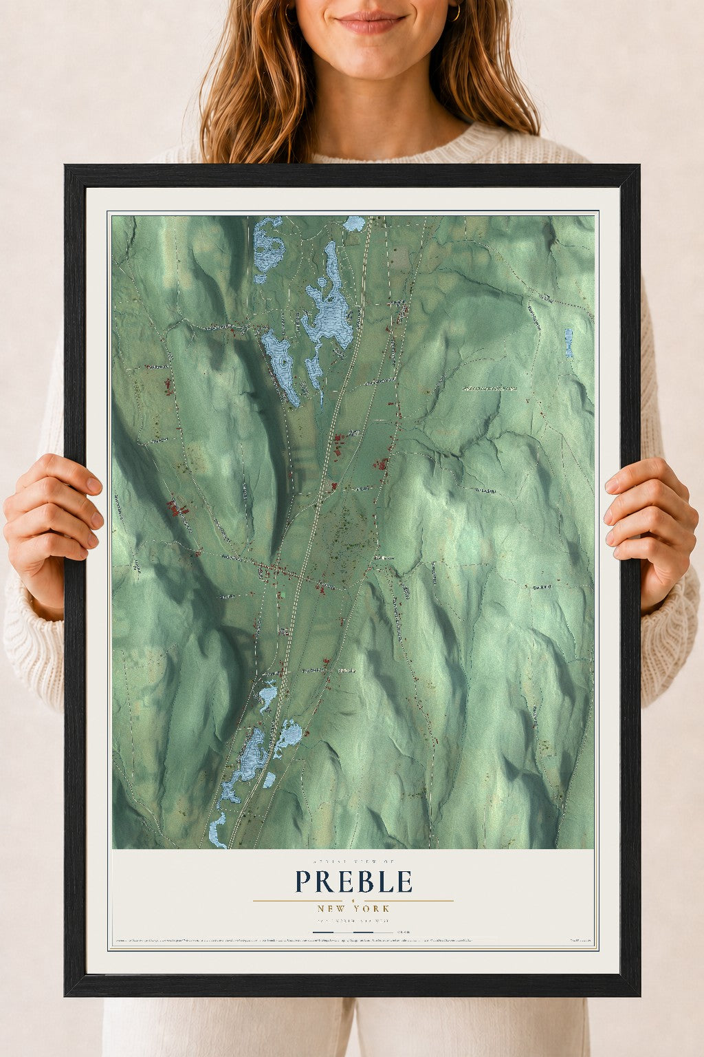 Preble, New York map print, 18" x 24" W/ Black Ayous Wood Frame mockup