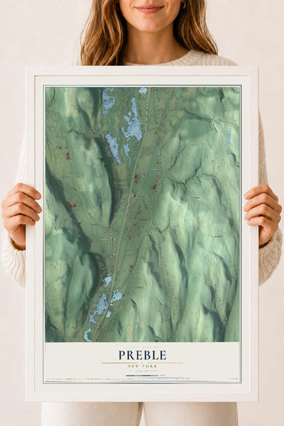 Preble, New York map print, 18" x 24" W/ White Ayous Wood Frame mockup