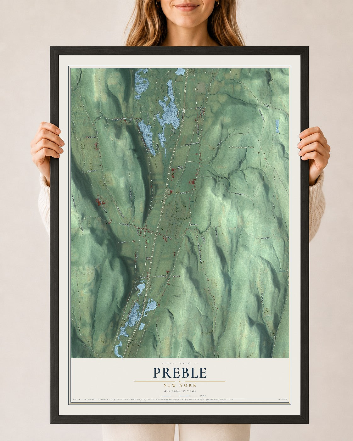 Preble, New York map print, 24" x 36" W/ Black Ayous Wood Frame mockup