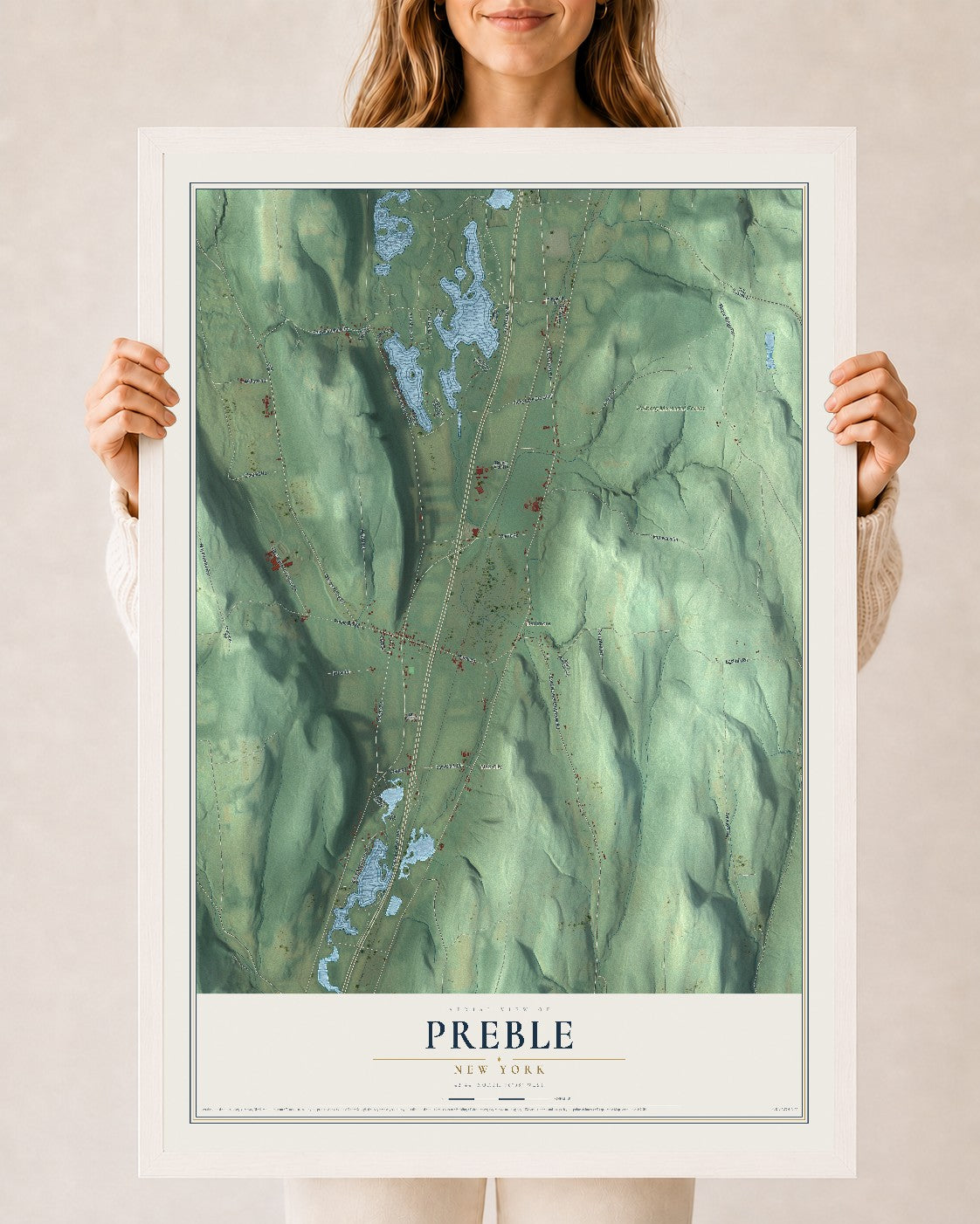 Preble, New York map print, 24" x 36" W/ White Ayous Wood Frame mockup