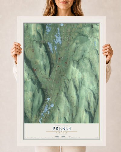 Preble, New York map print, 24" x 36" W/ White Ayous Wood Frame mockup