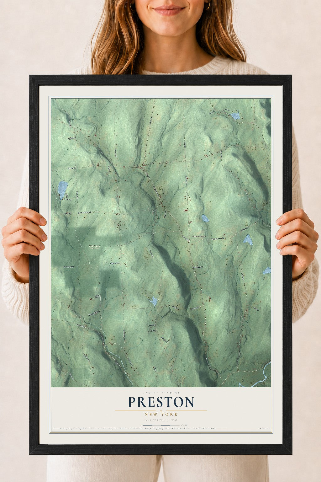Preston, New York map print, 18" x 24" W/ Black Ayous Wood Frame mockup